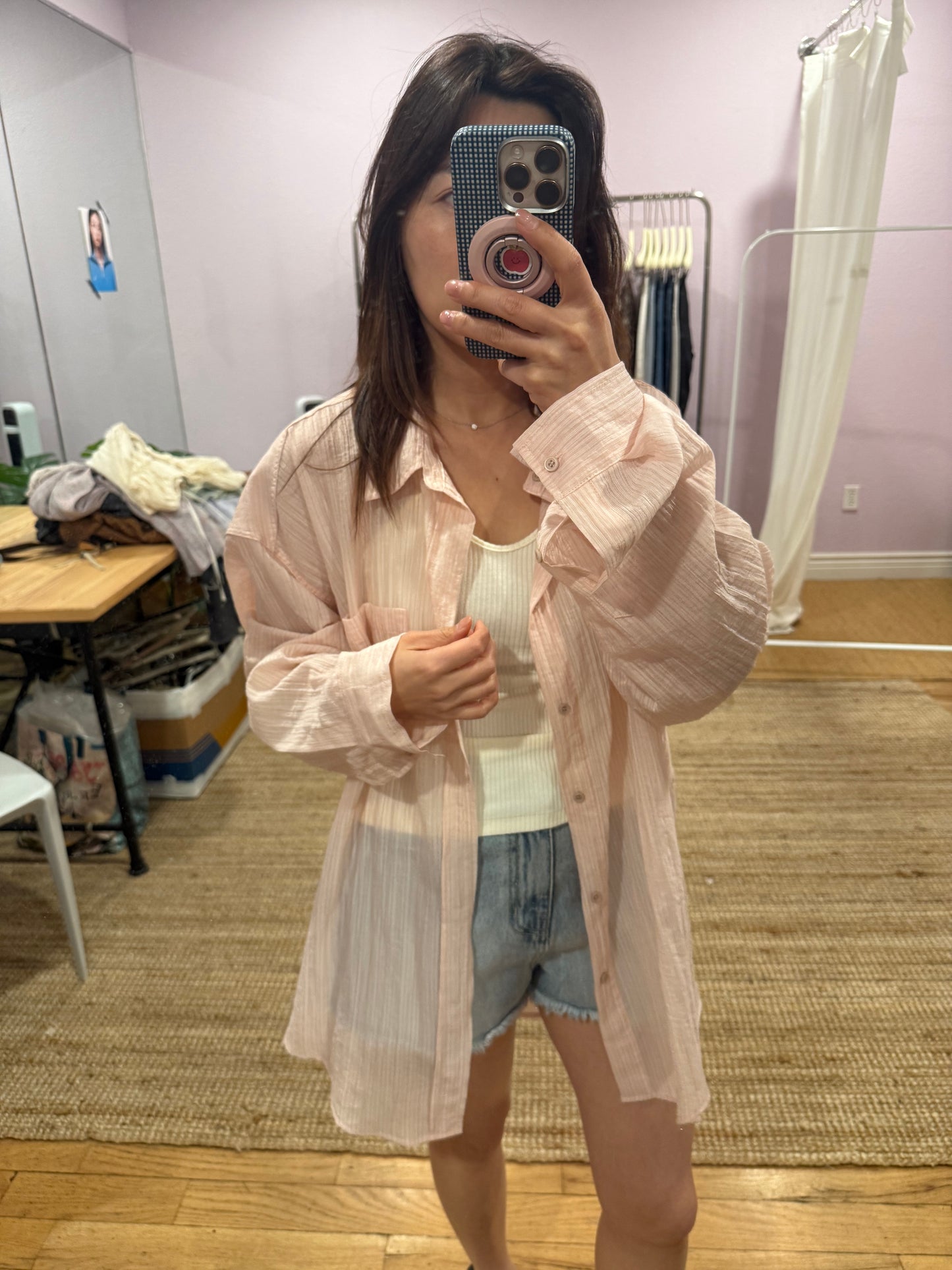 Lightly sheer pink blouse