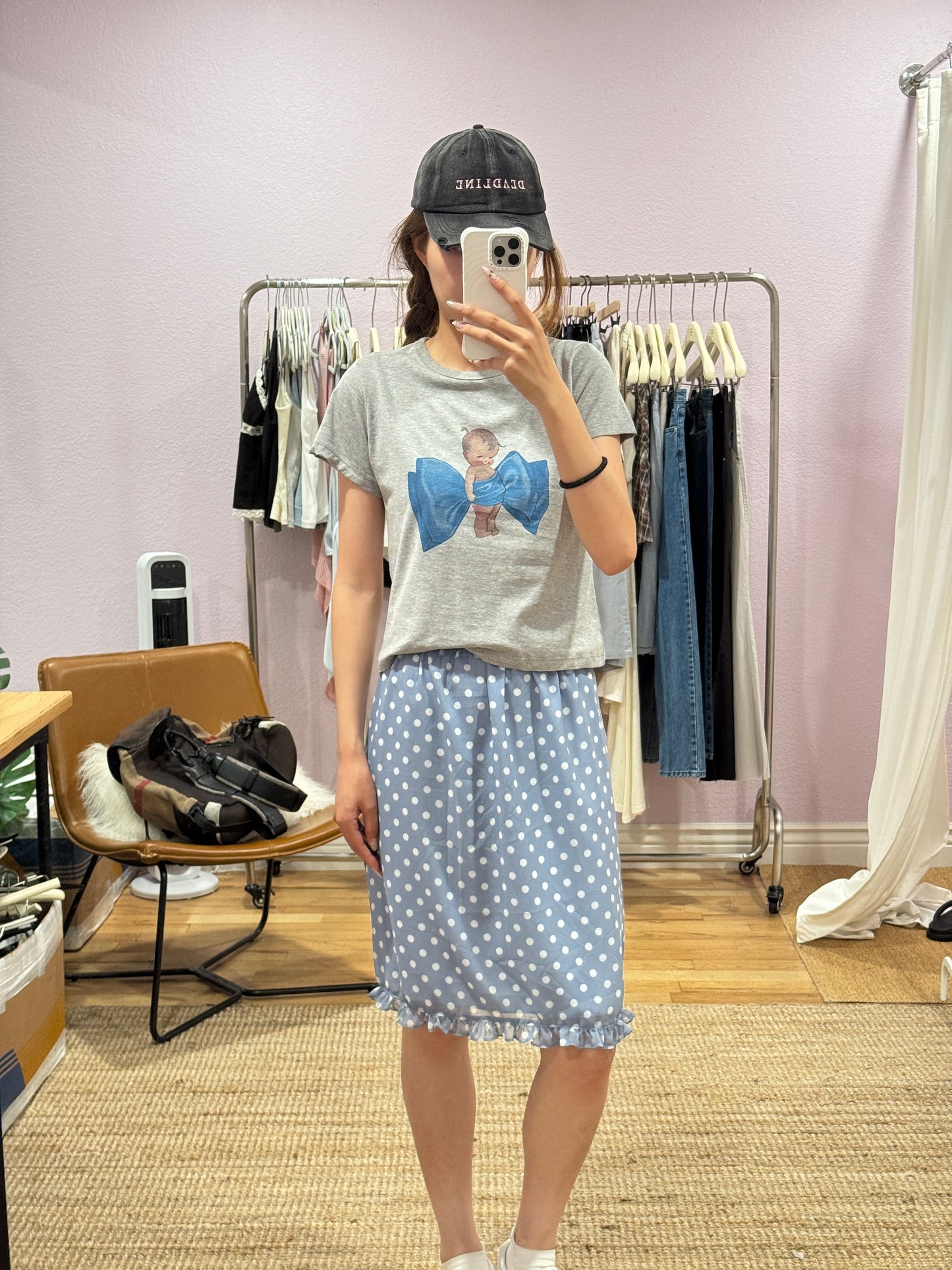 Blue polka dot midi skirt