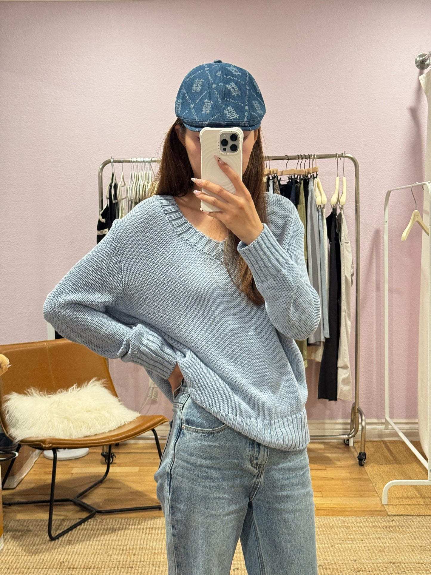 Blue V-neck knit top