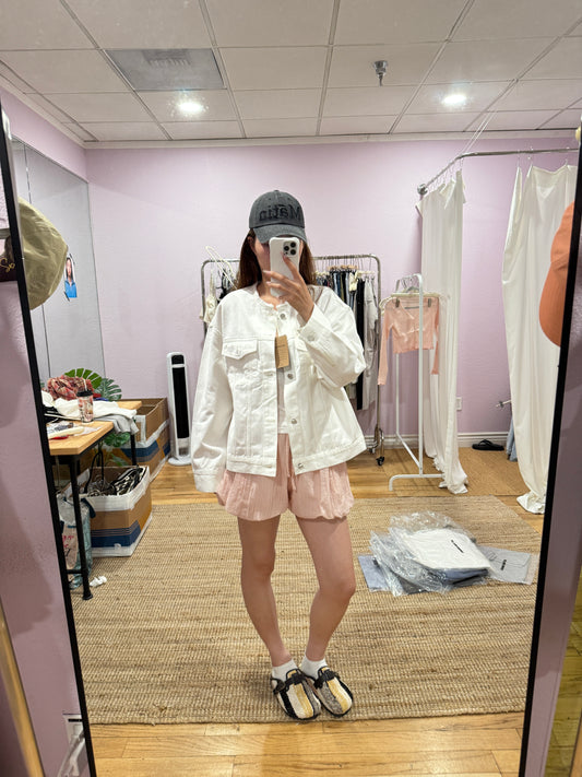 Collarless White Denim Jacket