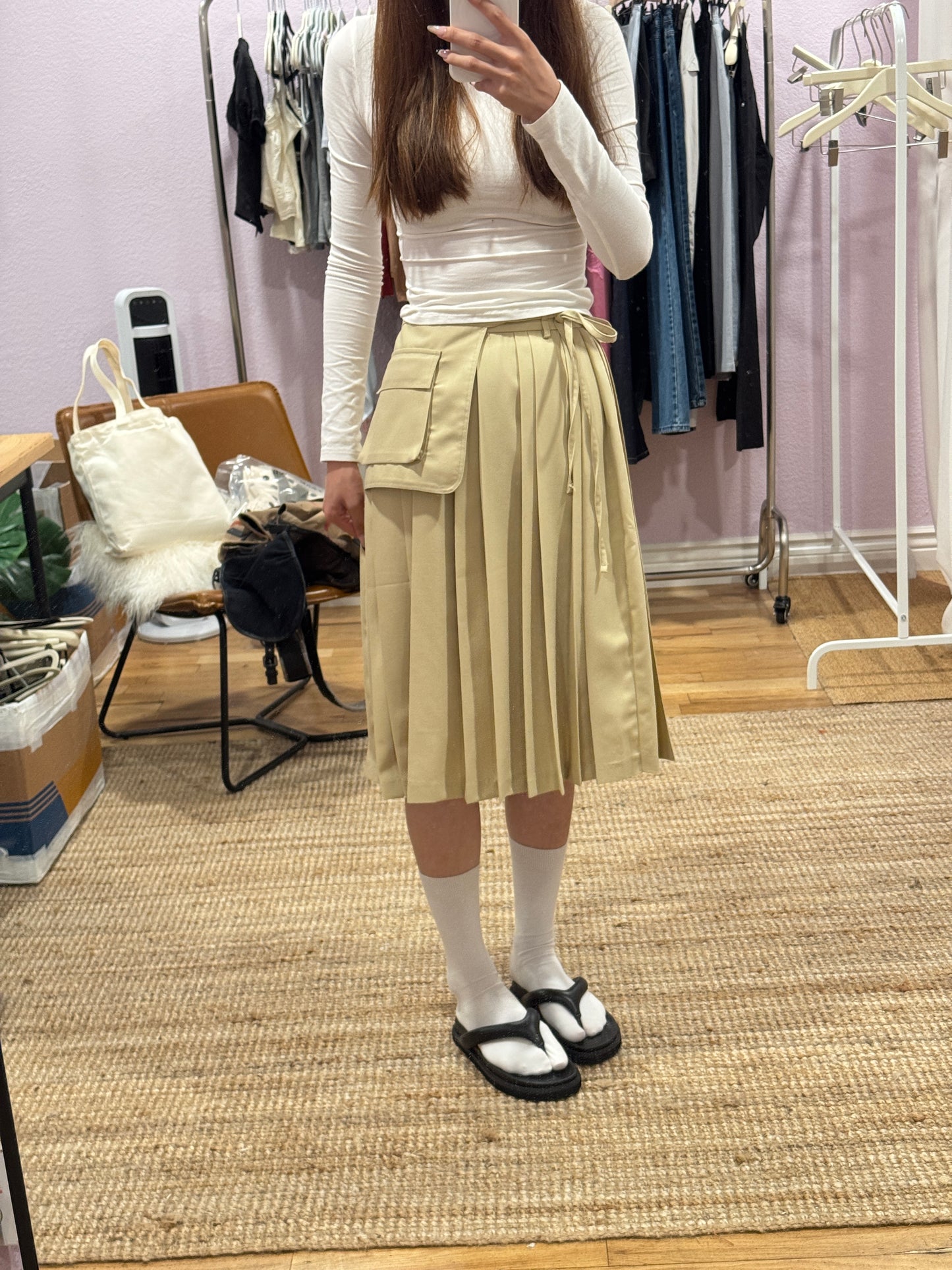 Beige Utility Pleated Skirt
