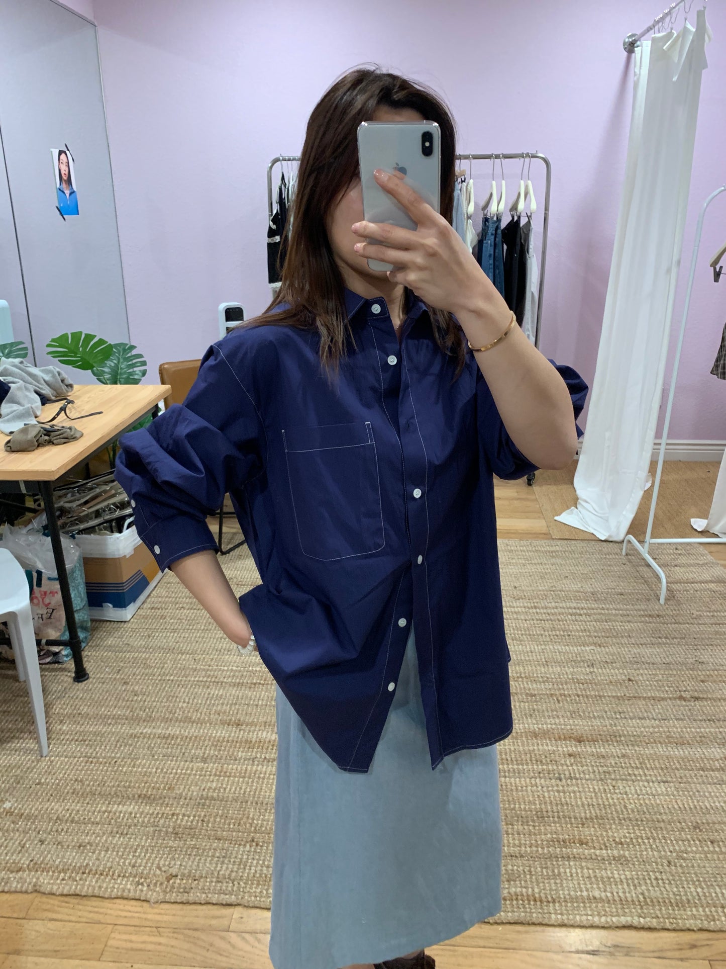 Dark blue shirt with contrast stitching