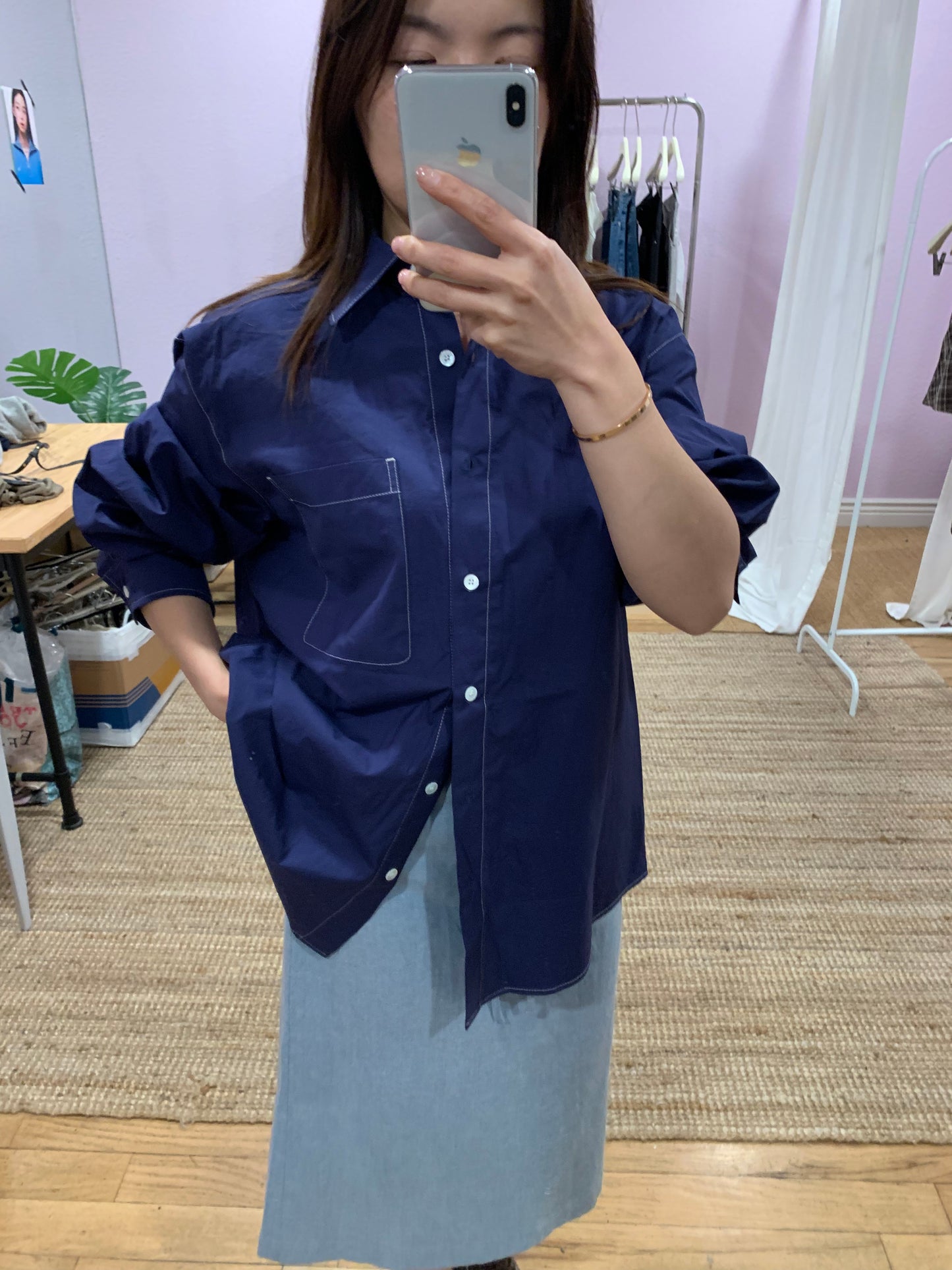 Dark blue shirt with contrast stitching