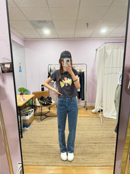 Cropped short-sleeve top with bow print