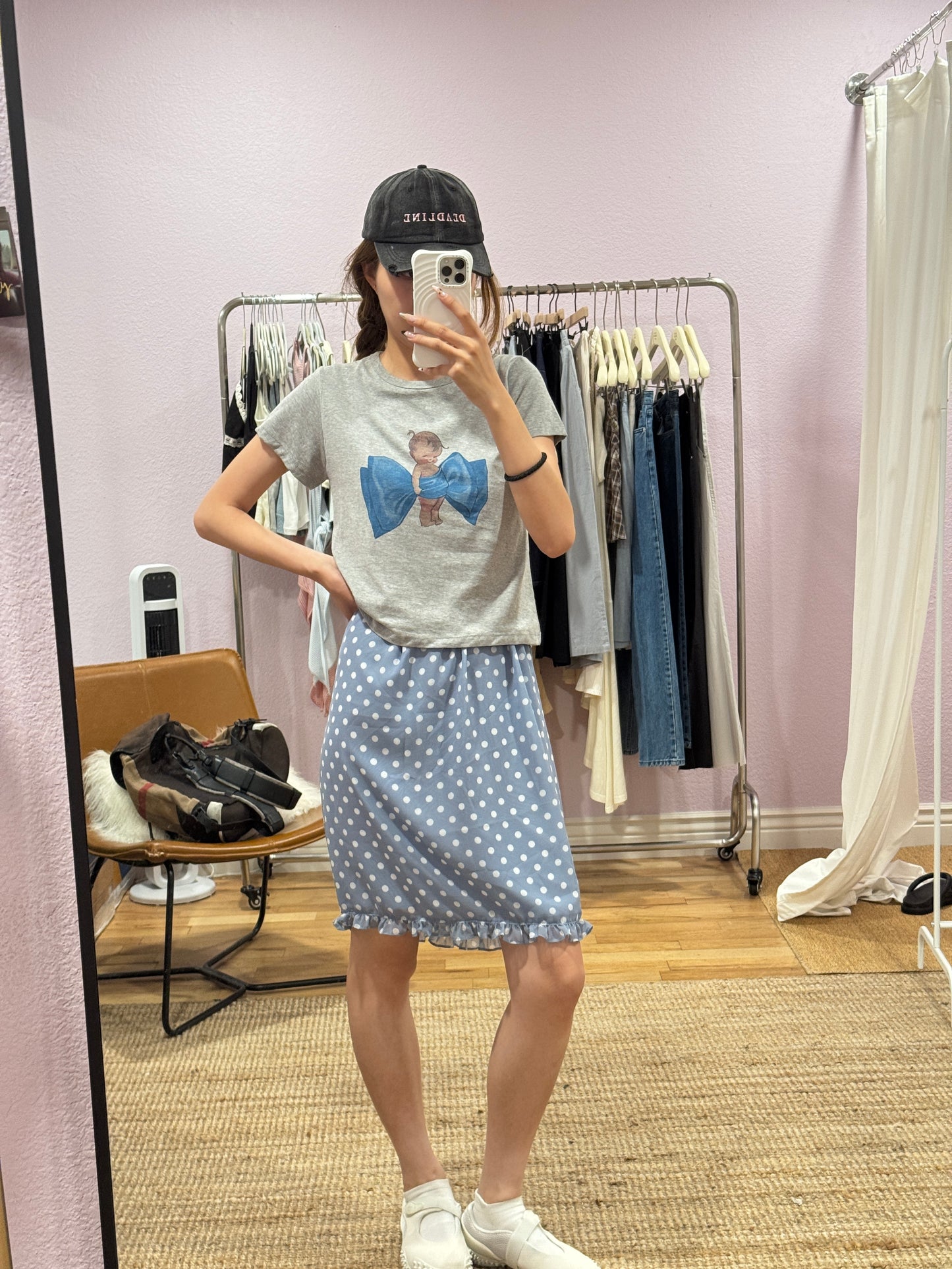 Blue polka dot midi skirt
