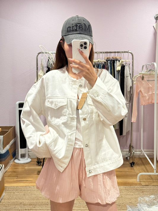 Collarless White Denim Jacket
