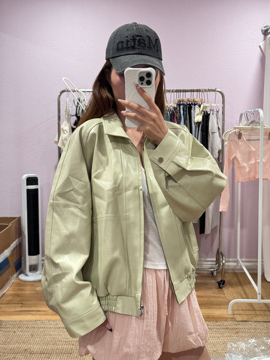 Beige Oversized Leather Jacket